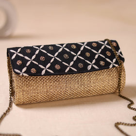 Black - Hand Embroidered Jute Lucknowi Chikankari Clutch with Zari Work 12