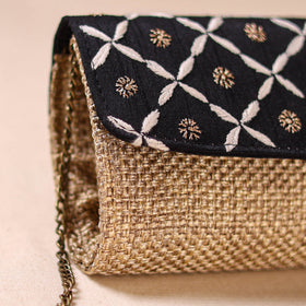 Black - Hand Embroidered Jute Lucknowi Chikankari Clutch with Zari Work 12