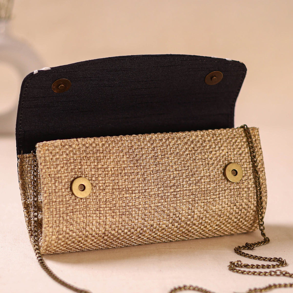 Black - Hand Embroidered Jute Lucknowi Chikankari Clutch with Zari Work 12