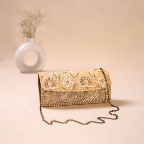 Beige - Hand Embroidered Jute Lucknowi Chikankari Clutch with Zari Work 13