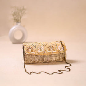 Beige - Hand Embroidered Jute Lucknowi Chikankari Clutch with Zari Work 13