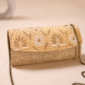 Beige - Hand Embroidered Jute Lucknowi Chikankari Clutch with Zari Work 13