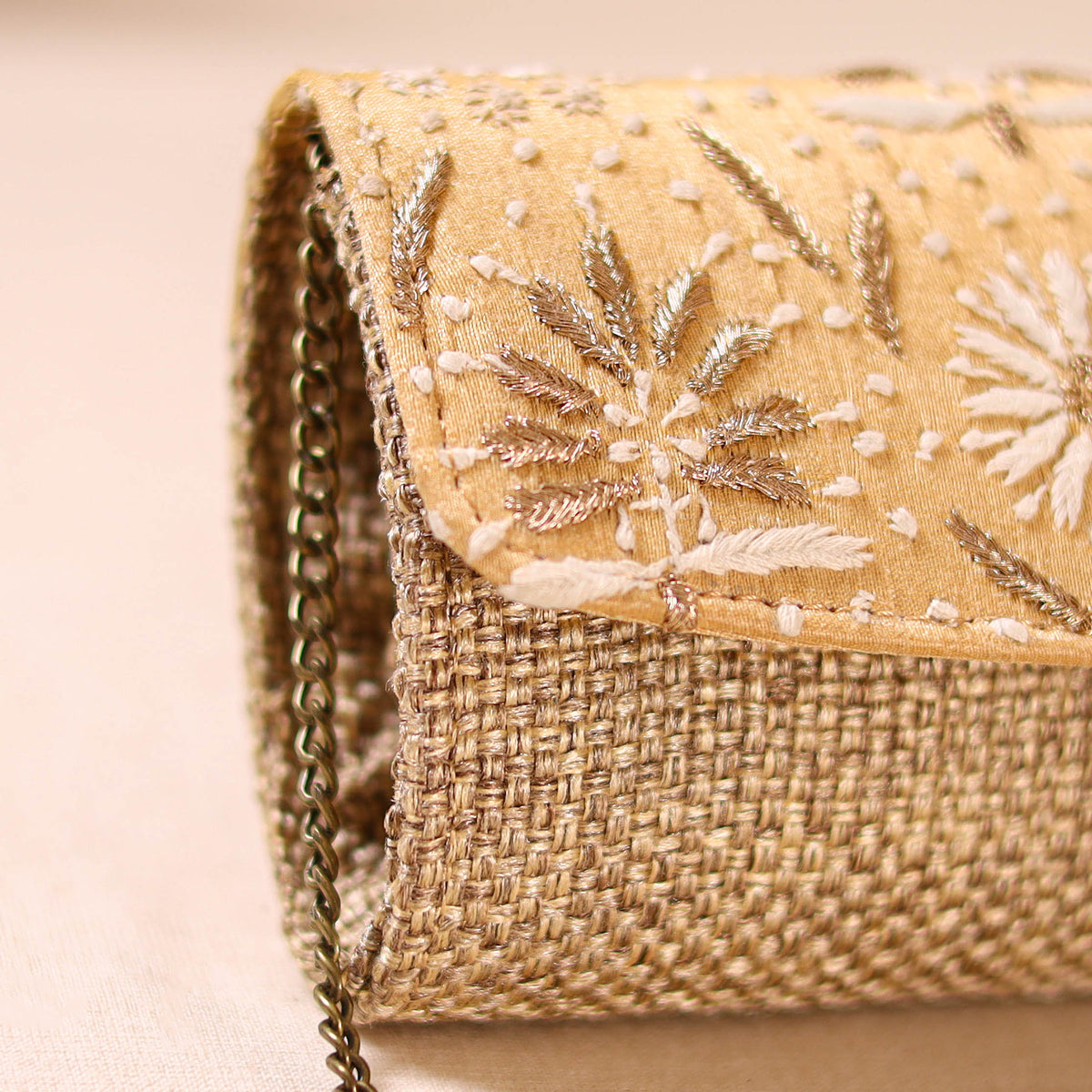 Beige - Hand Embroidered Jute Lucknowi Chikankari Clutch with Zari Work 13