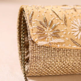 Beige - Hand Embroidered Jute Lucknowi Chikankari Clutch with Zari Work 13