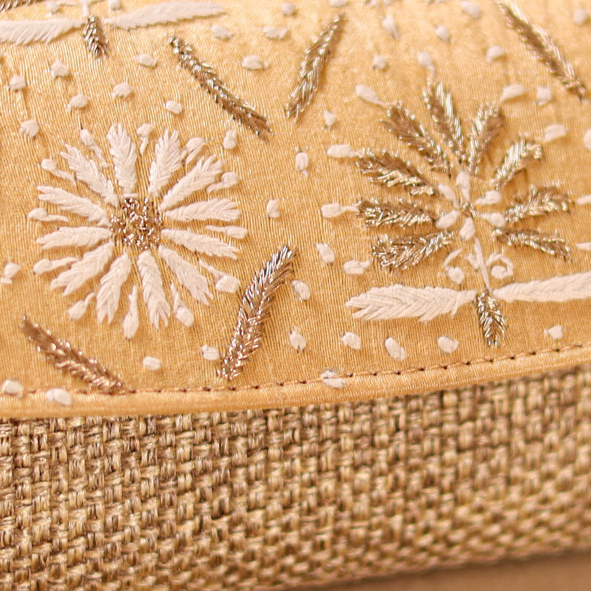Beige - Hand Embroidered Jute Lucknowi Chikankari Clutch with Zari Work 13