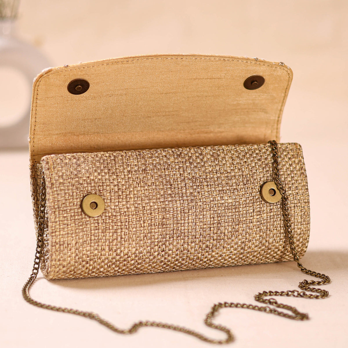 Beige - Hand Embroidered Jute Lucknowi Chikankari Clutch with Zari Work 13