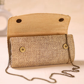 Beige - Hand Embroidered Jute Lucknowi Chikankari Clutch with Zari Work 13