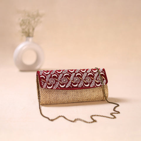 Red - Hand Embroidered Jute Lucknowi Chikankari Clutch with Zari Work 14
