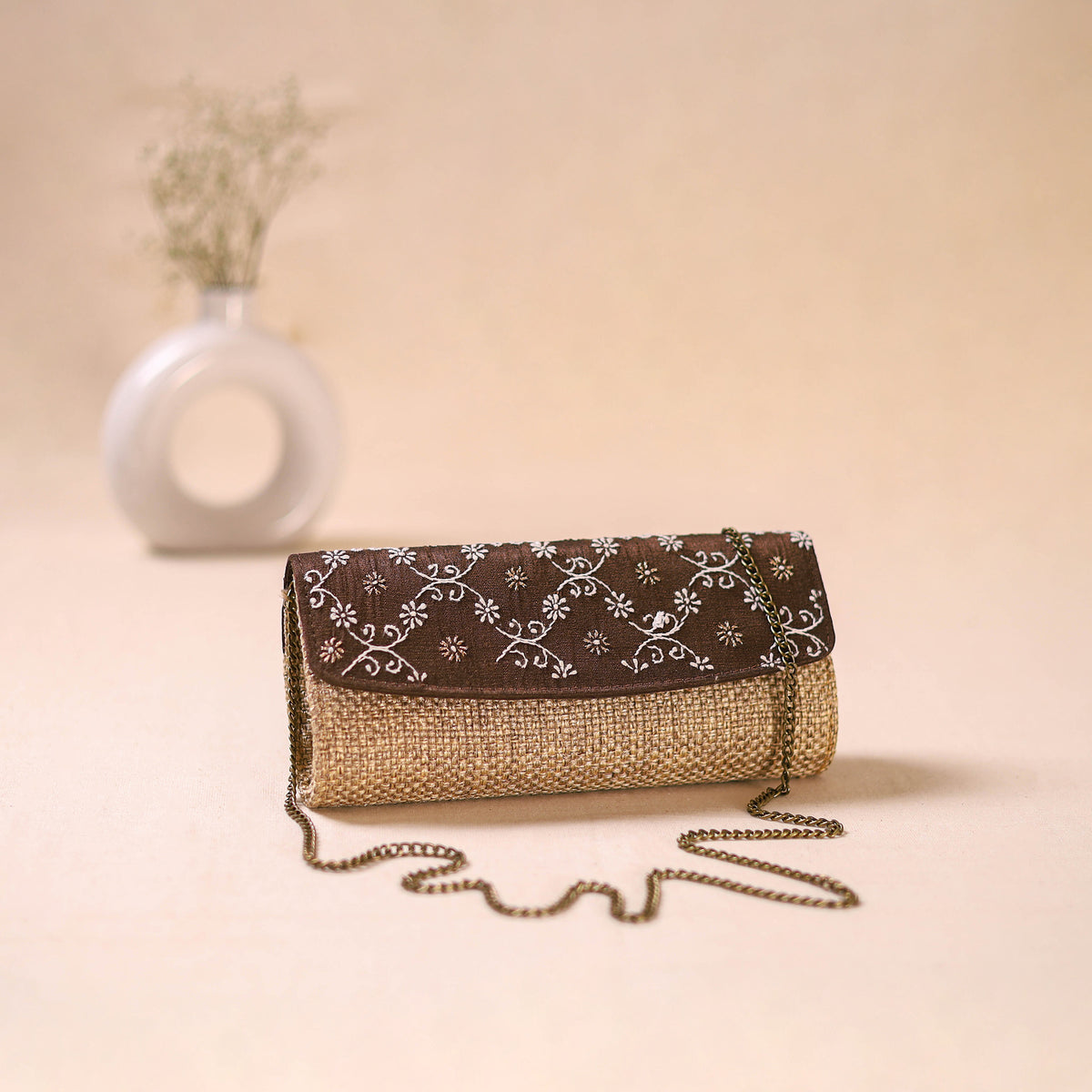 Hand Embroidered Jute Lucknowi Chikankari Clutch with Zari Work 15