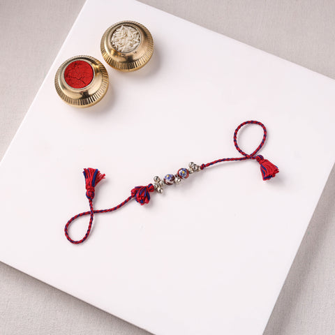 Handcrafted Patwa Threadwork Blue Pottery Beads Rakhi 06
