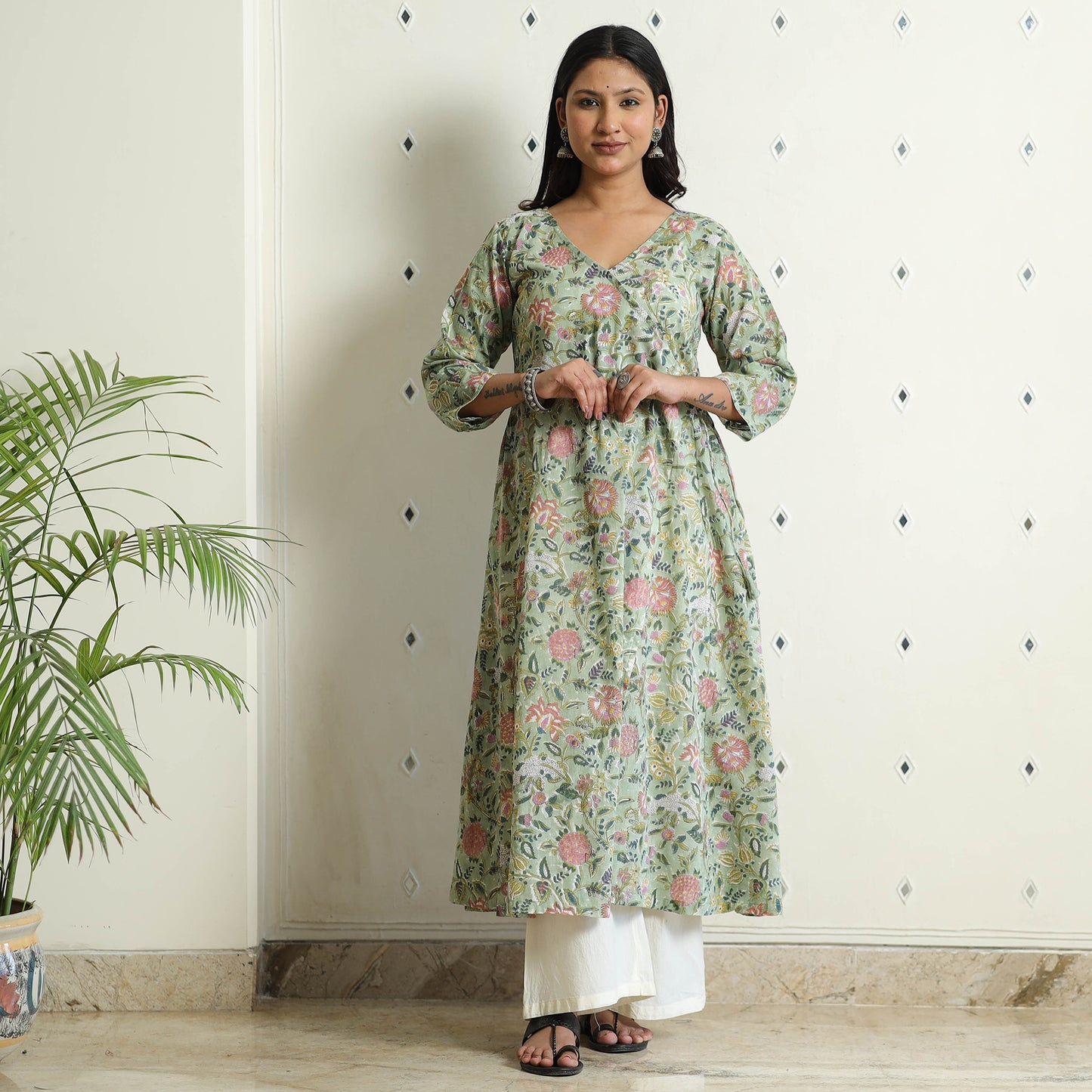 Light Green - Sanganeri Block Printed Mul Cotton A-Line Kurta