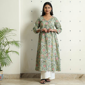 Light Green - Sanganeri Block Printed Mul Cotton A-Line Kurta