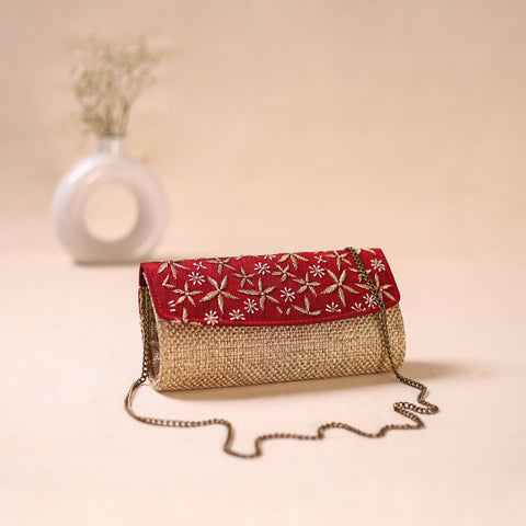 Red - Hand Embroidered Jute Lucknowi Chikankari Clutch with Zari Work 16