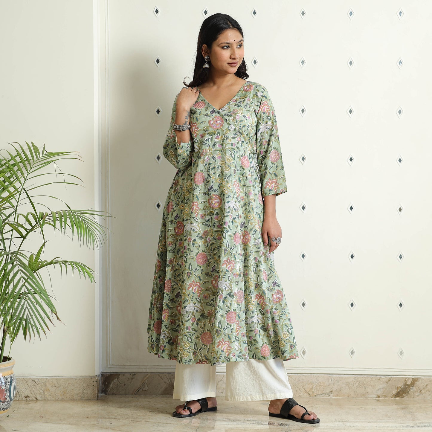 Light Green - Sanganeri Block Printed Mul Cotton A-Line Kurta
