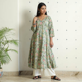 Light Green - Sanganeri Block Printed Mul Cotton A-Line Kurta
