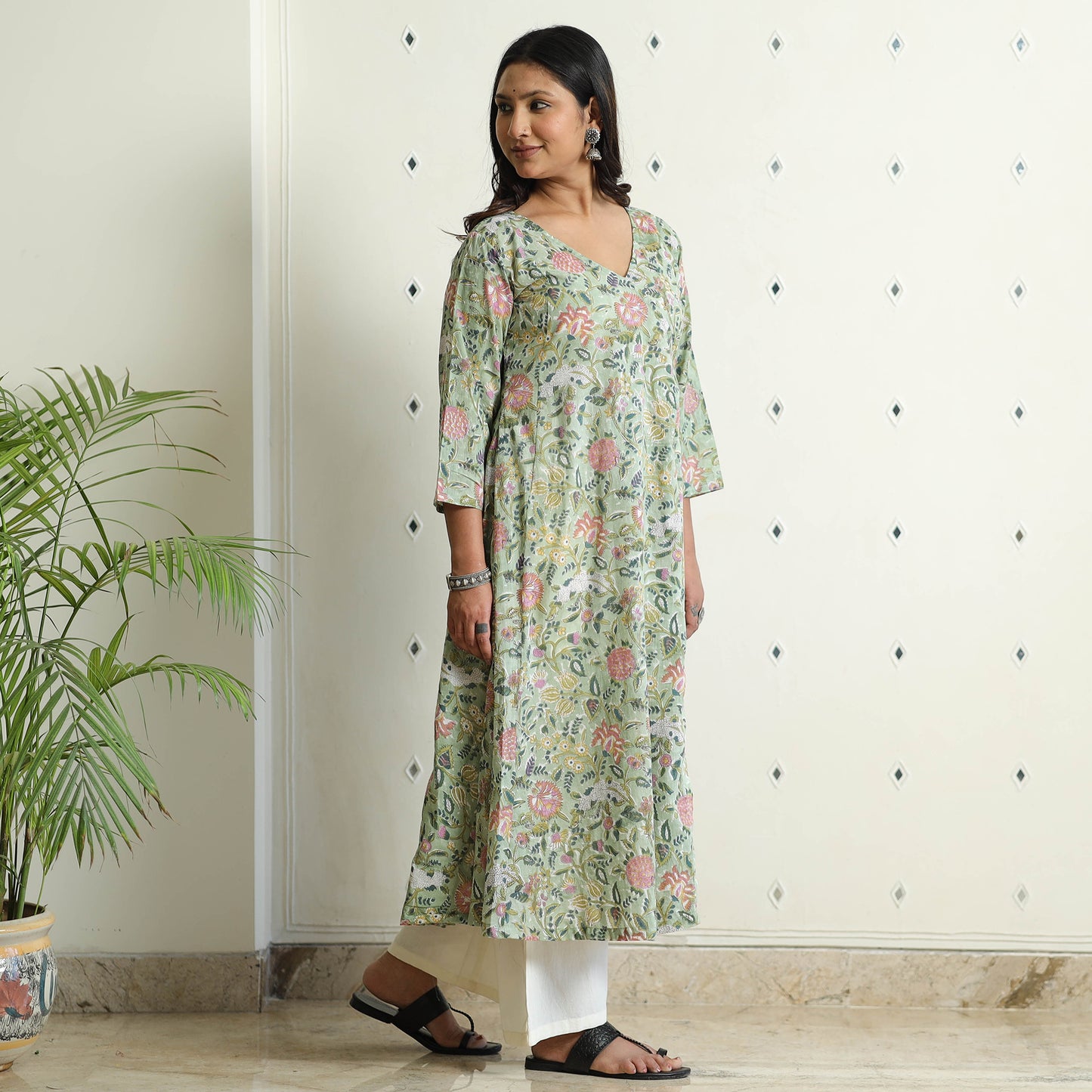 Light Green - Sanganeri Block Printed Mul Cotton A-Line Kurta