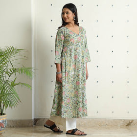 Light Green - Sanganeri Block Printed Mul Cotton A-Line Kurta