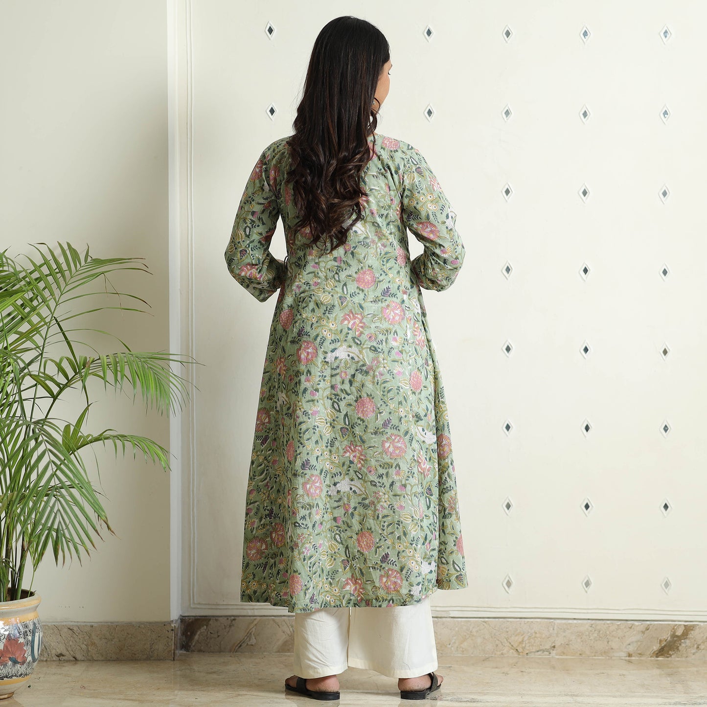Light Green - Sanganeri Block Printed Mul Cotton A-Line Kurta