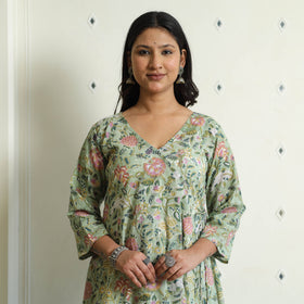 Light Green - Sanganeri Block Printed Mul Cotton A-Line Kurta
