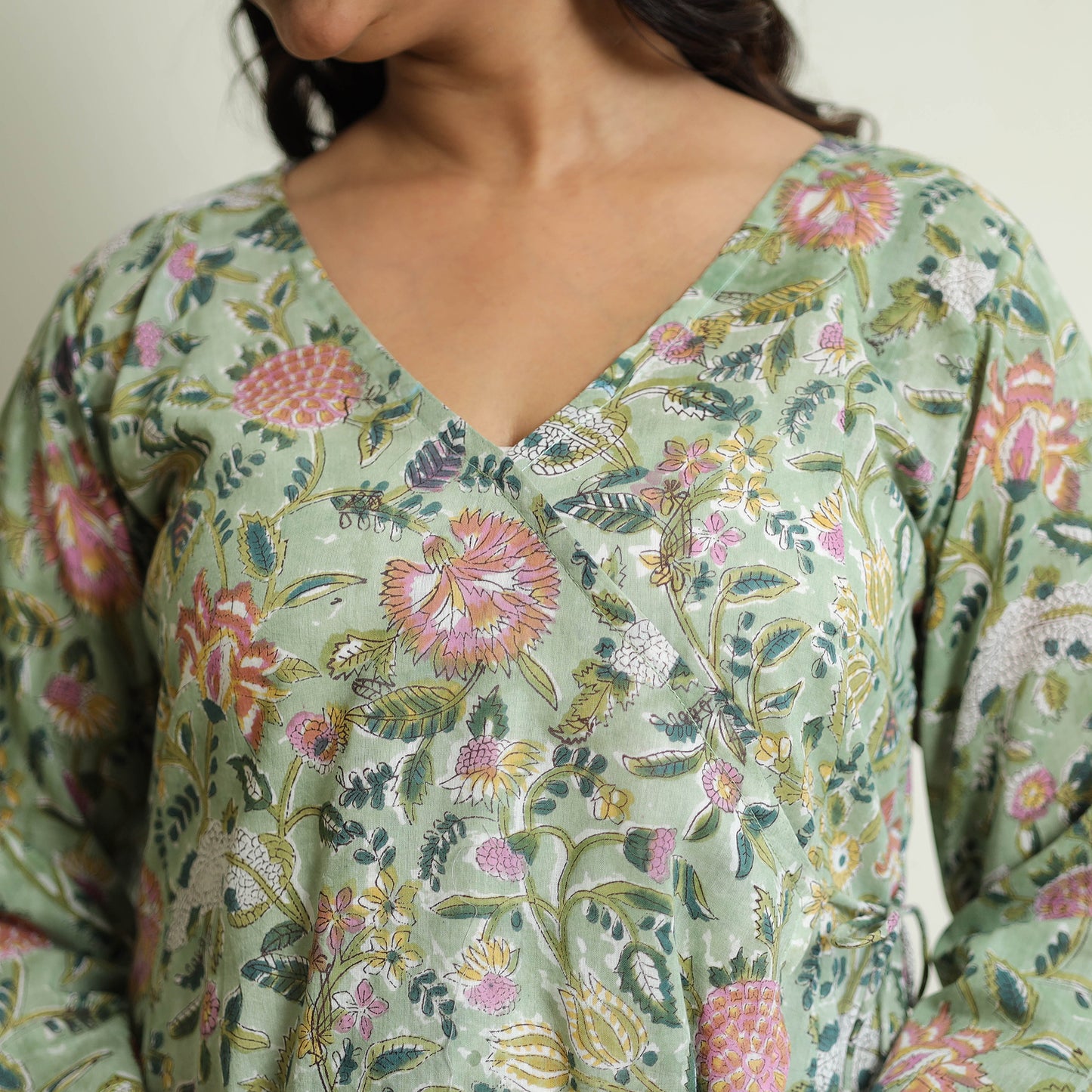 Light Green - Sanganeri Block Printed Mul Cotton A-Line Kurta
