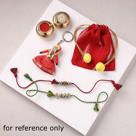 Handcrafted Patwa Threadwork Blue Pottery Beads Rakhi with Potli 07