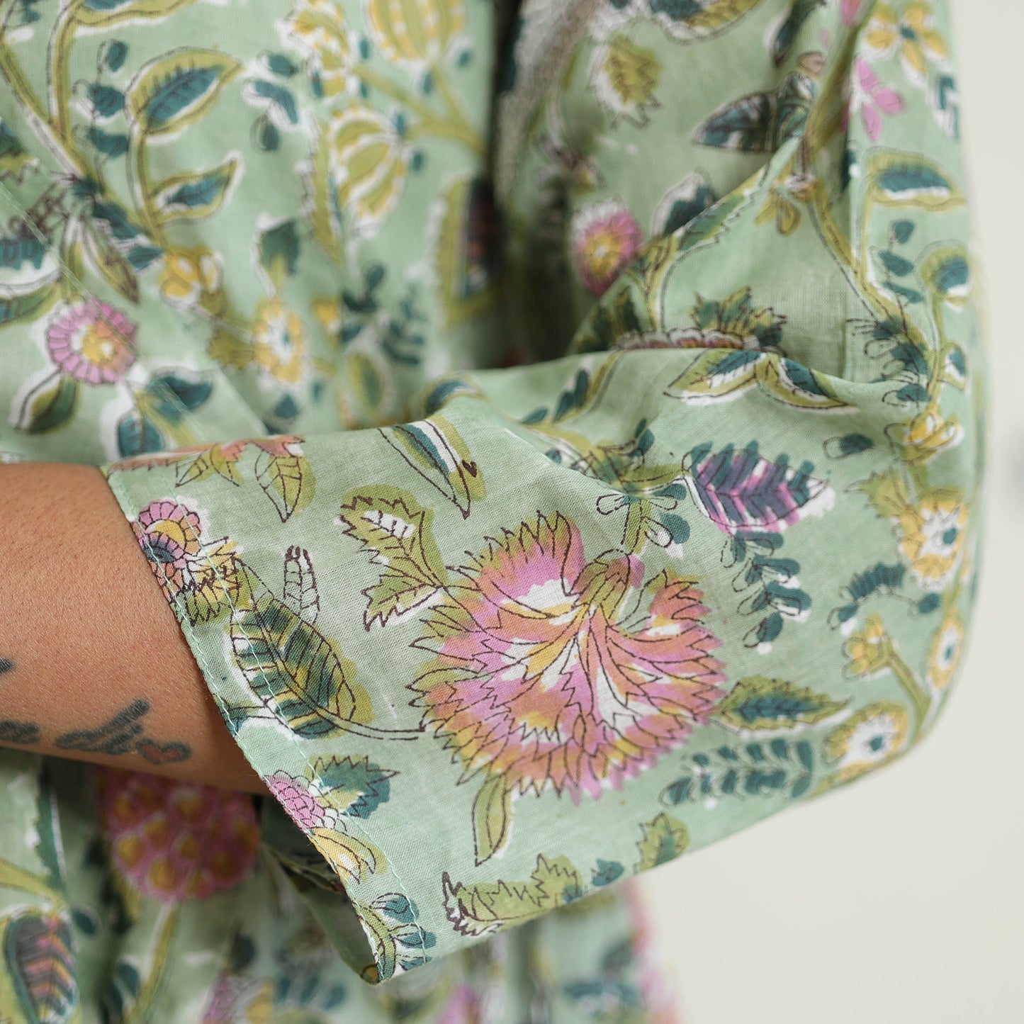Light Green - Sanganeri Block Printed Mul Cotton A-Line Kurta