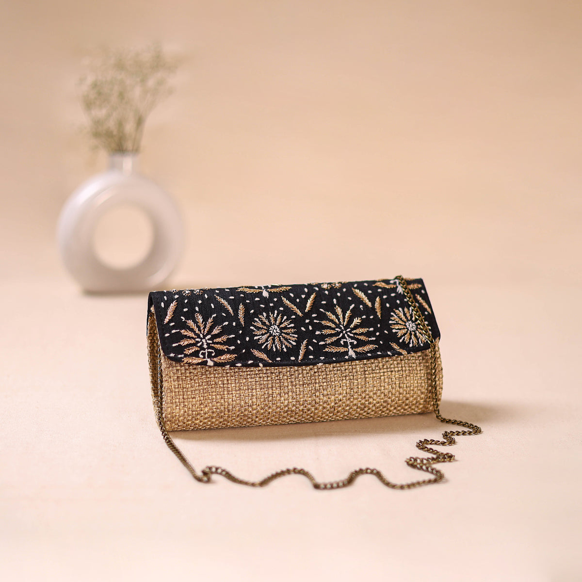 Hand Embroidered Jute Lucknowi Chikankari Clutch with Zari Work 17