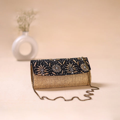 Black - Hand Embroidered Jute Lucknowi Chikankari Clutch with Zari Work 17
