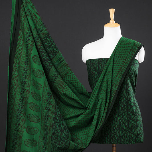 Green - 3pc Bagh Block Printed Natural Dyed Cotton Suit Material Set 09