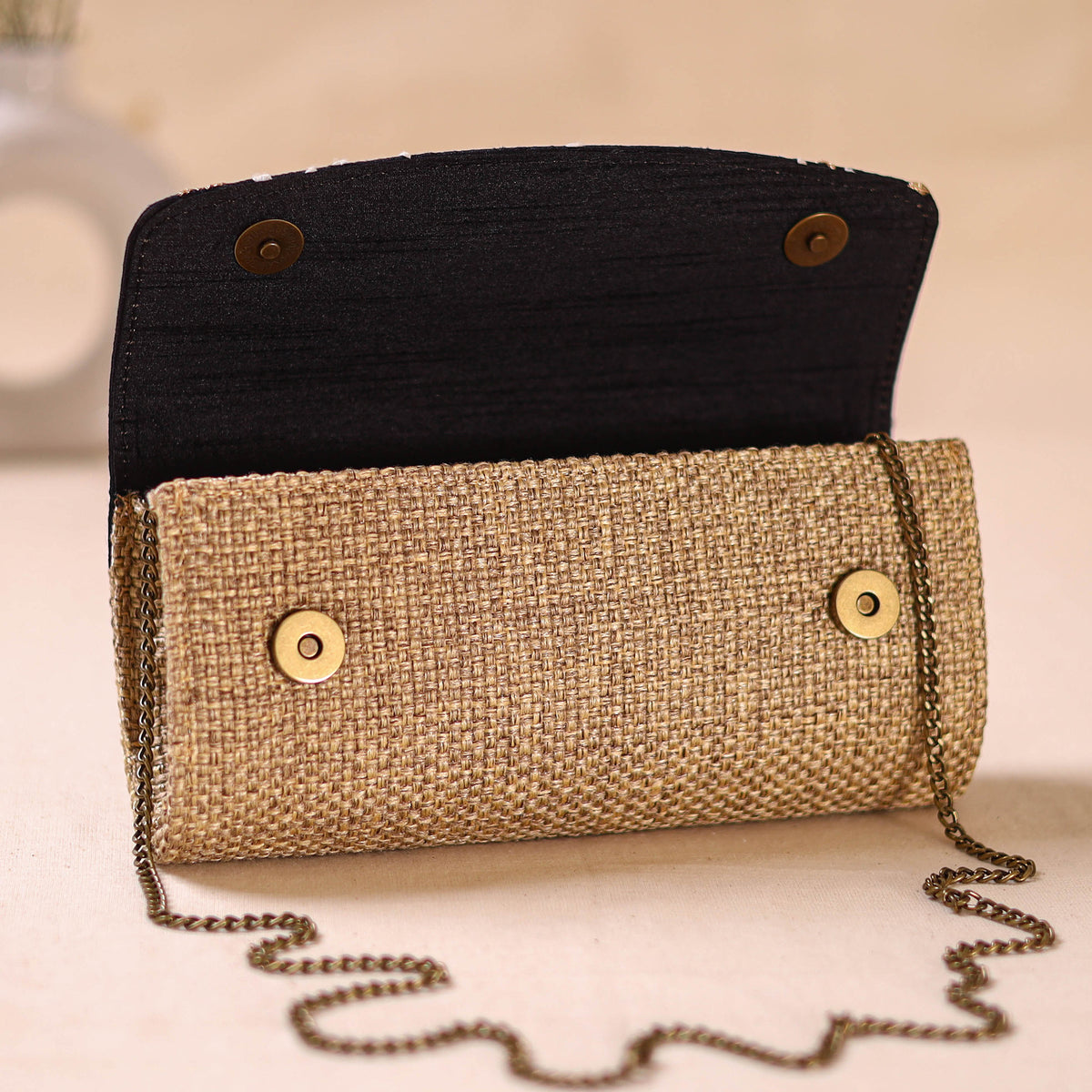 Hand Embroidered Jute Lucknowi Chikankari Clutch with Zari Work 17