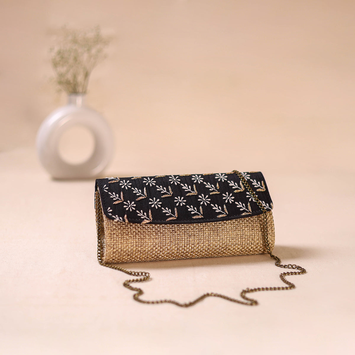 Hand Embroidered Jute Lucknowi Chikankari Clutch with Zari Work 18