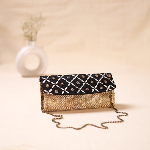 Black - Hand Embroidered Jute Lucknowi Chikankari Clutch with Zari Work 12