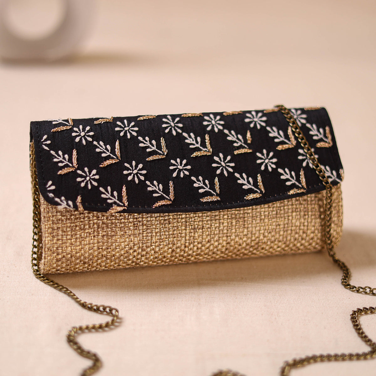 Hand Embroidered Jute Lucknowi Chikankari Clutch with Zari Work 18