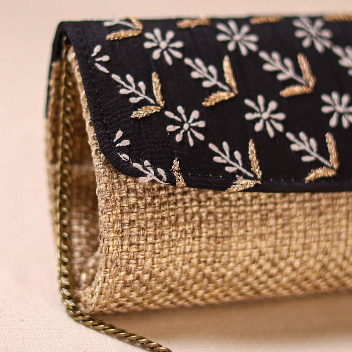 Hand Embroidered Jute Lucknowi Chikankari Clutch with Zari Work 18