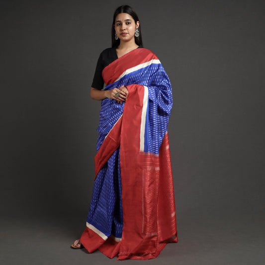 Blue - Pochampally Ikat Weave Handspun Tussar Silk Saree
