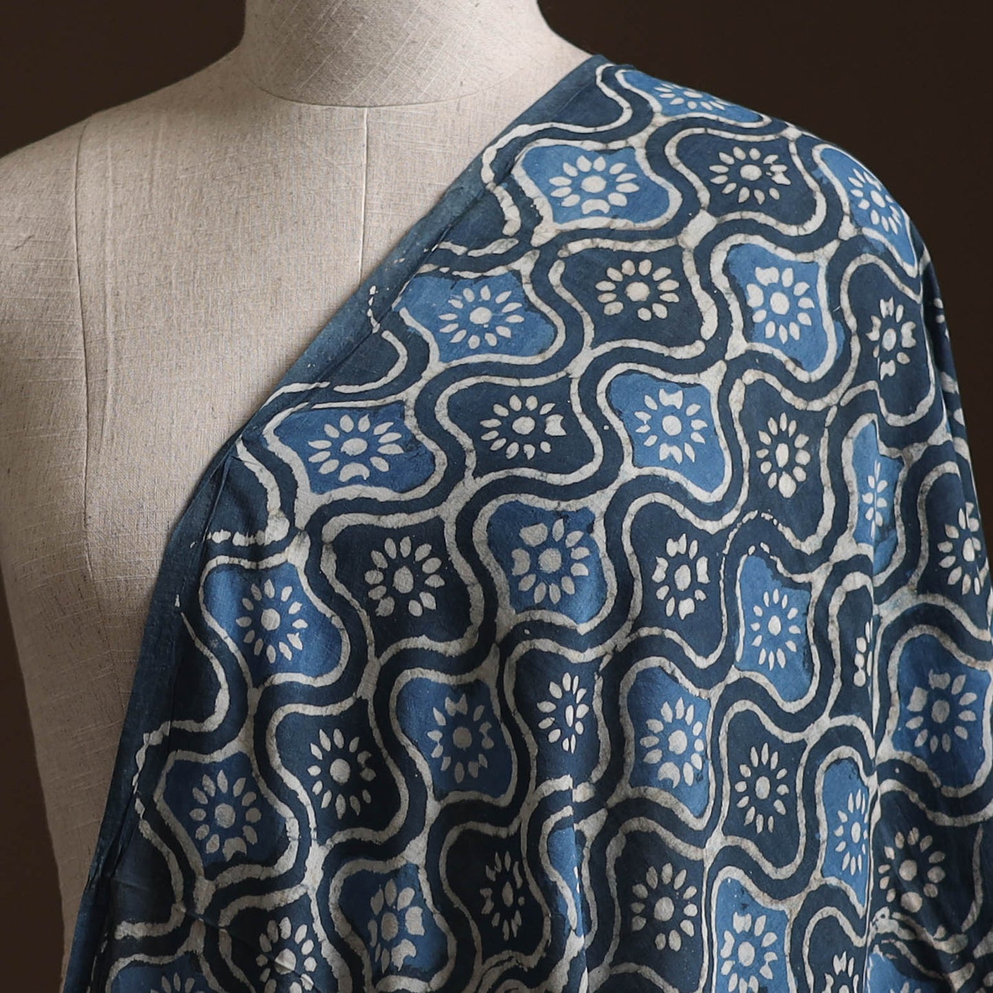 Blue - Pure Mul Cotton Bagru Indigo Hand Block Print Natural Dyed Fabric 05