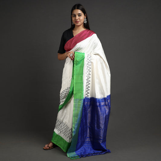 White - Pochampally Ikat Weave Handspun Tussar Silk Saree