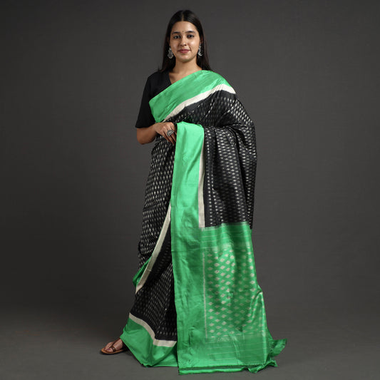 Black - Pochampally Ikat Weave Handspun Tussar Silk Saree