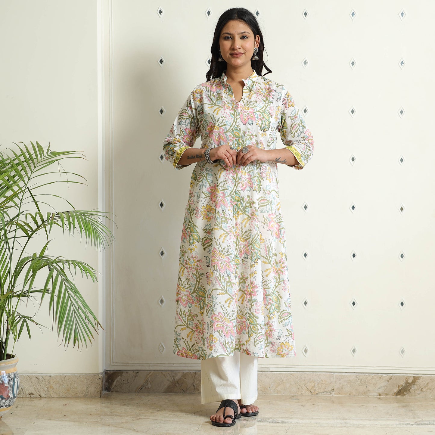 White - Sanganeri Block Printed Mul Cotton A-Line Kurta