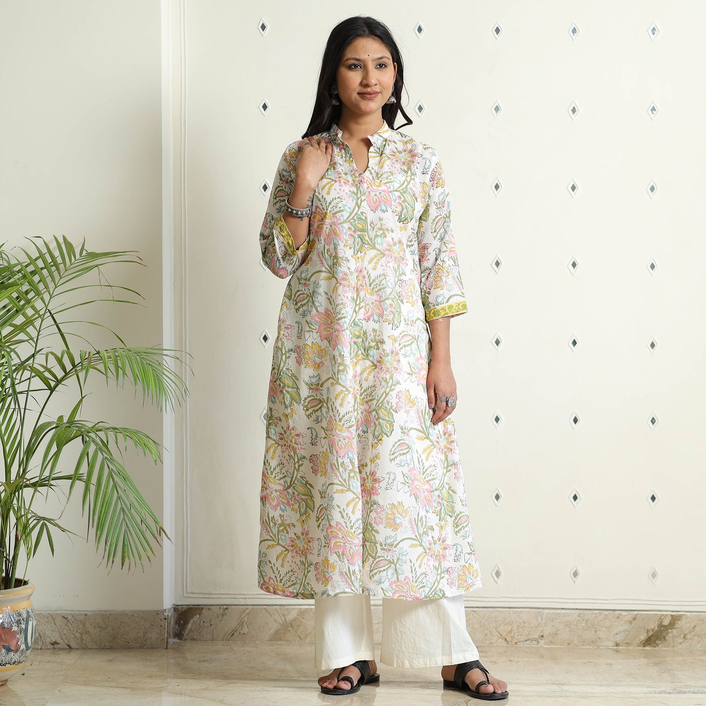 White - Sanganeri Block Printed Mul Cotton A-Line Kurta