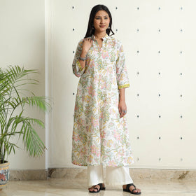 White - Sanganeri Block Printed Mul Cotton A-Line Kurta