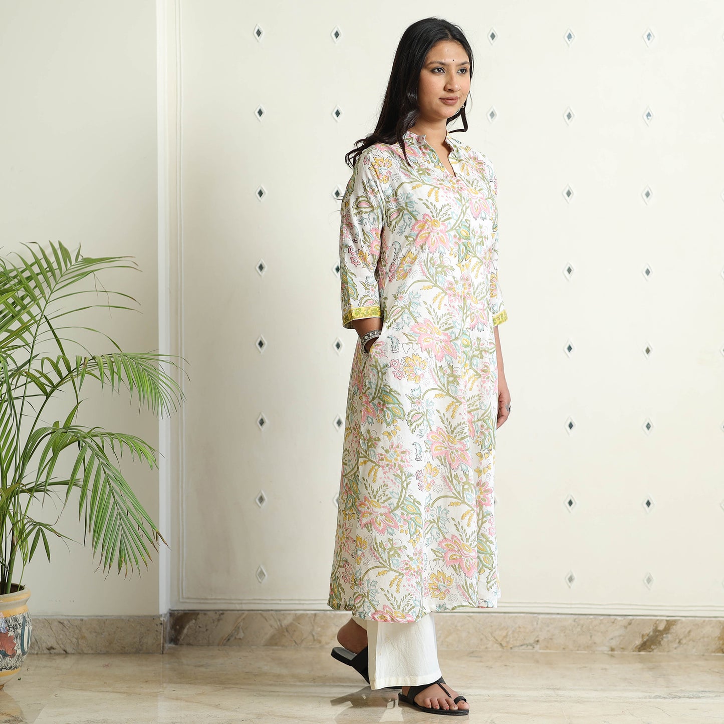 White - Sanganeri Block Printed Mul Cotton A-Line Kurta