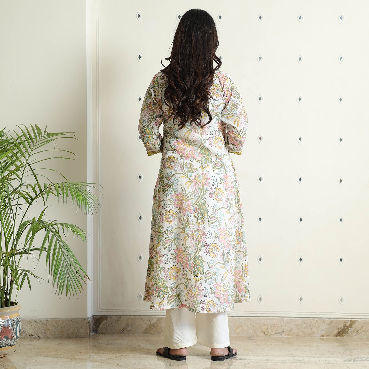 White - Sanganeri Block Printed Mul Cotton A-Line Kurta