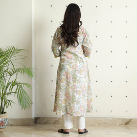 White - Sanganeri Block Printed Mul Cotton A-Line Kurta