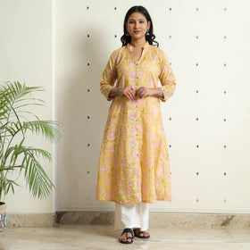 Yellow - Sanganeri Block Printed Mul Cotton A-Line Kurta