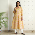 Yellow - Sanganeri Block Printed Mul Cotton A-Line Kurta