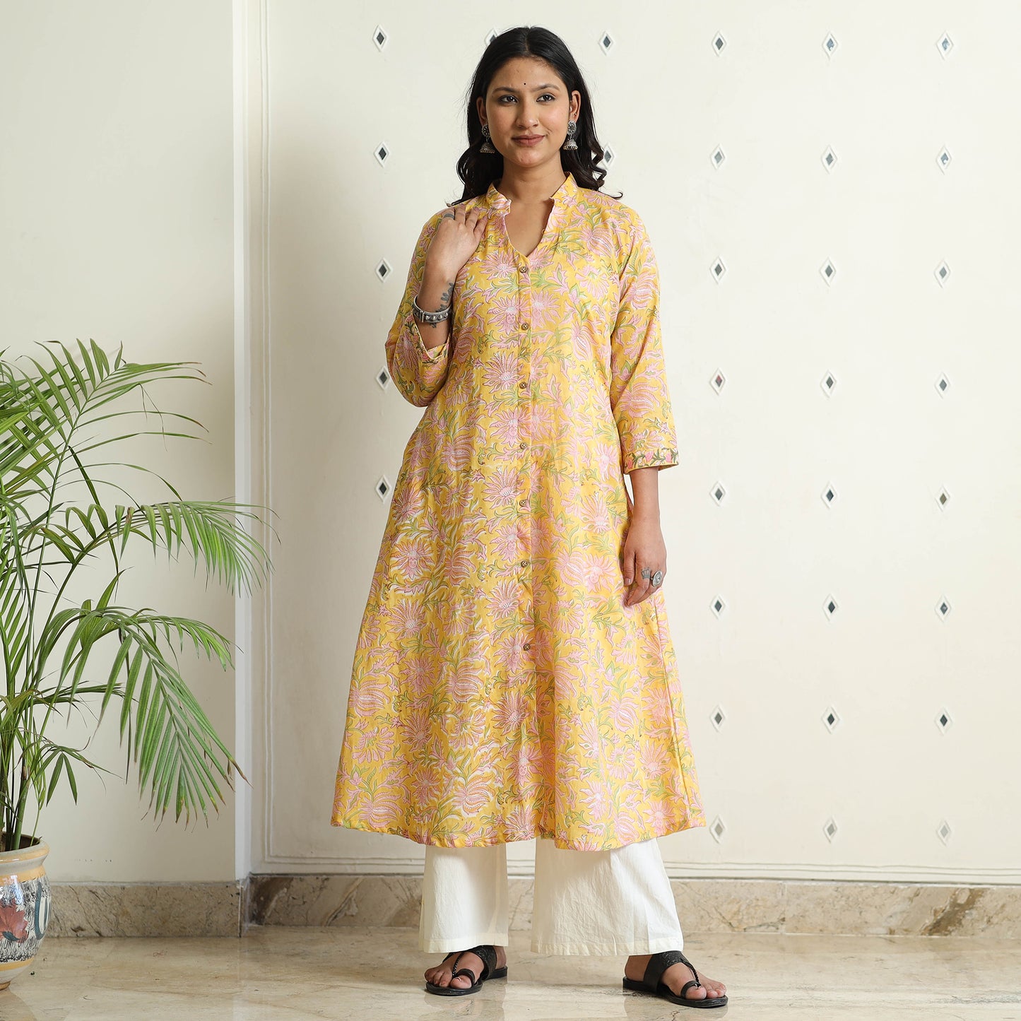 Yellow - Sanganeri Block Printed Mul Cotton A-Line Kurta