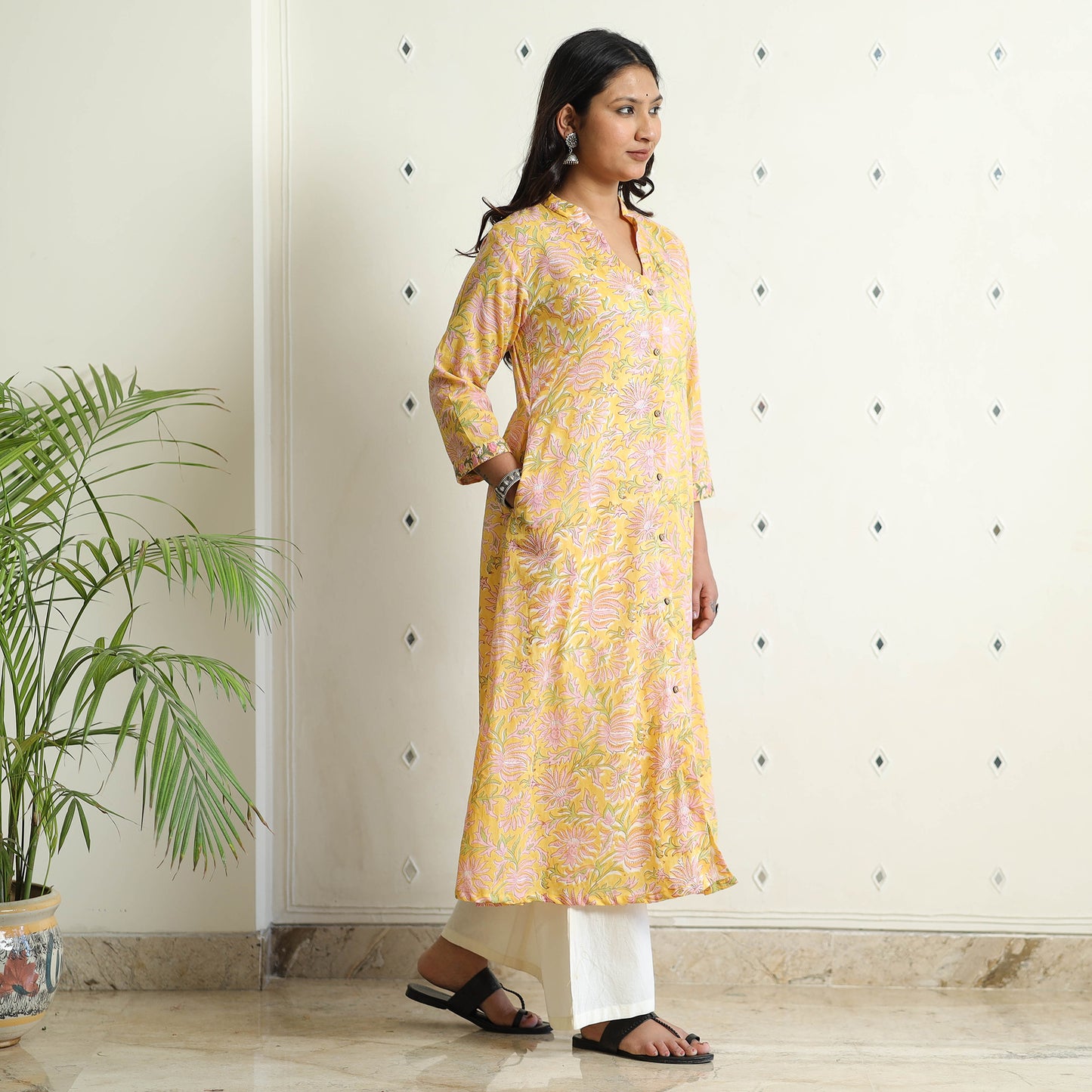 Yellow - Sanganeri Block Printed Mul Cotton A-Line Kurta
