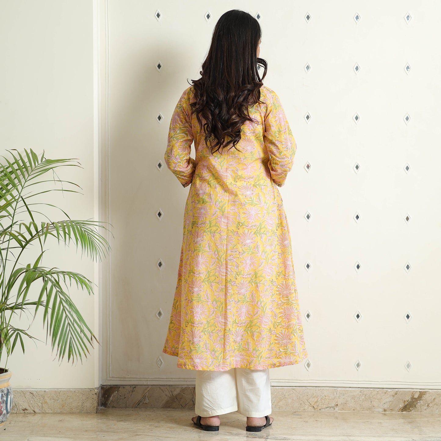 Yellow - Sanganeri Block Printed Mul Cotton A-Line Kurta