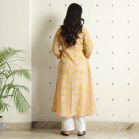 Yellow - Sanganeri Block Printed Mul Cotton A-Line Kurta